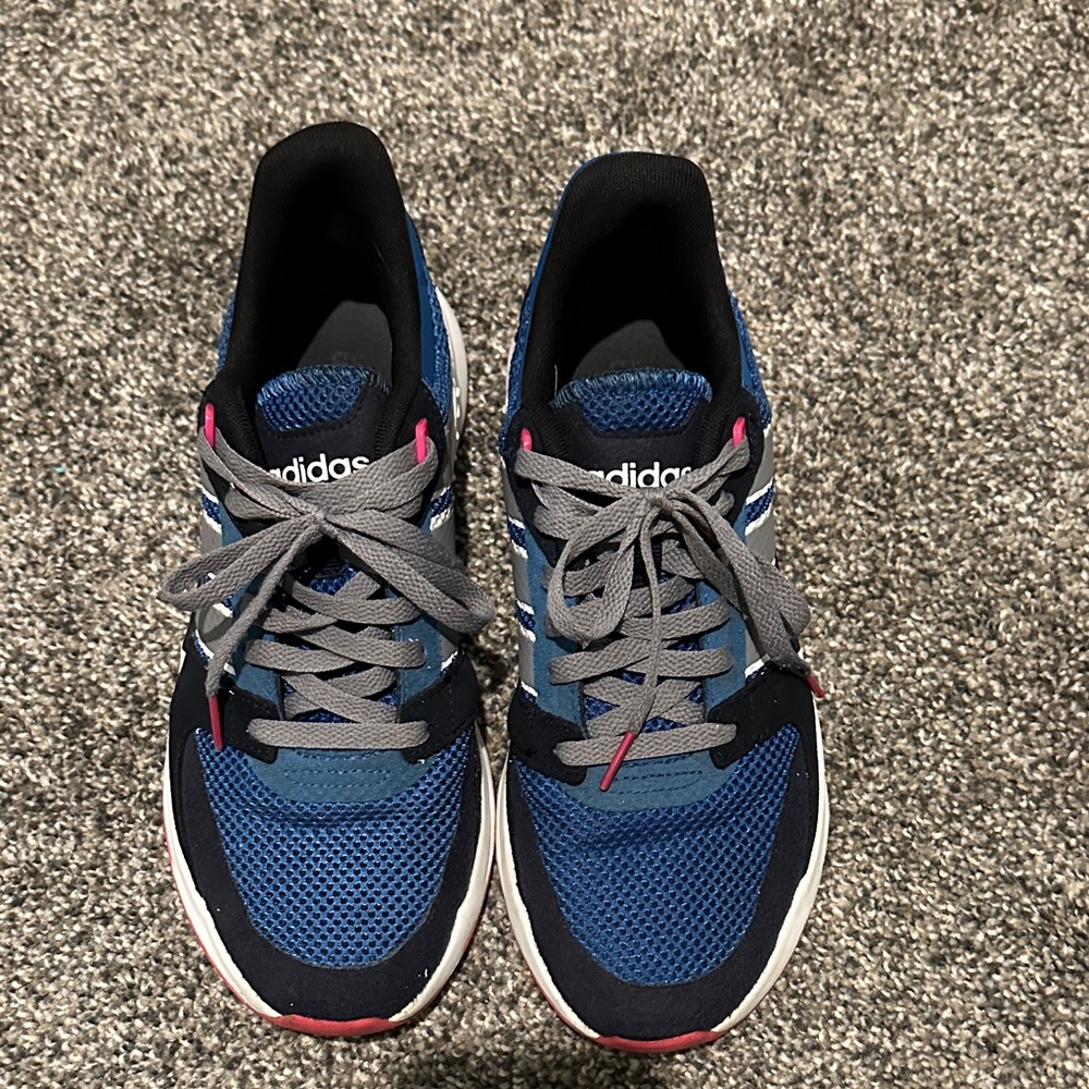 adidas women’s Navy and Gray Mesh Athletic Sneakers with Pink Accents